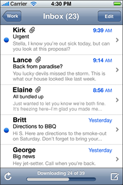 A simple list of messages in iPhone Mail’s Inbox