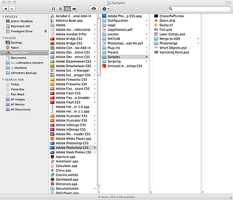 Columnar list view of the Mac OS X Finder