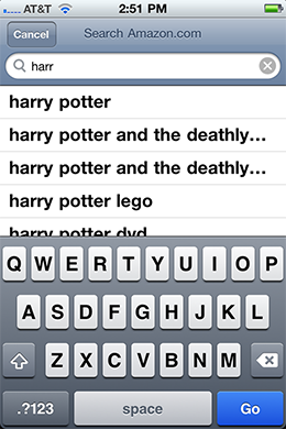 Amazon iPhone app's suggestions for the query Harry Potter