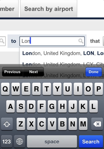 Checking flight status on the British Airways site with an iPhone