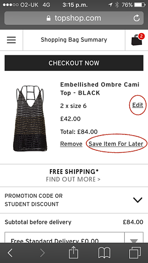 Save Item for Later on Top Shop