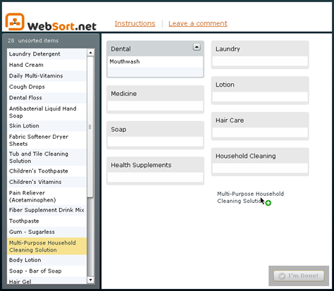 An online, closed card sort in WebSort