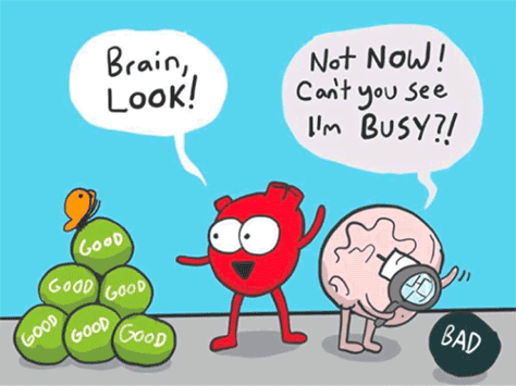 Heart and Brain, an Awkward Yeti comic illustrating our tendency toward negative bias