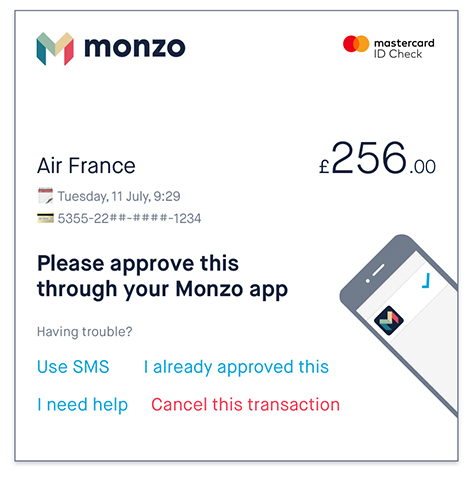 Monzo uses 3DS in its online transaction process