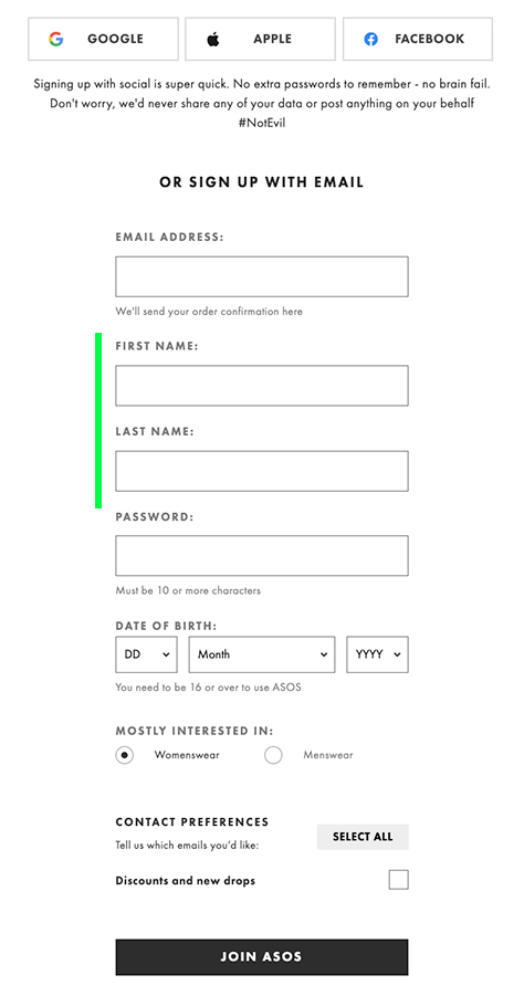 The sign-up form on ASOS