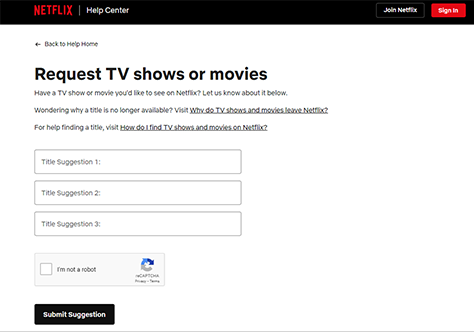 Netflix request form for shows or movies